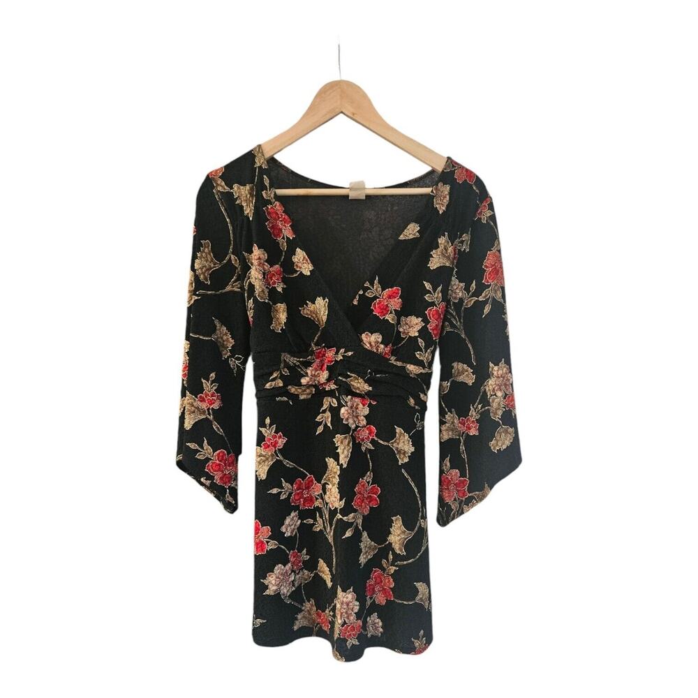 Cocomo Womens L Tunic Top Asian Inspired Floral Babydoll Flair Sleeves FairyGoth